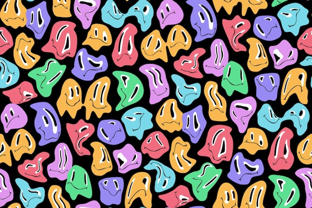 Psychedelic pattern of colorful melting smiley faces in retro 60s 70s style