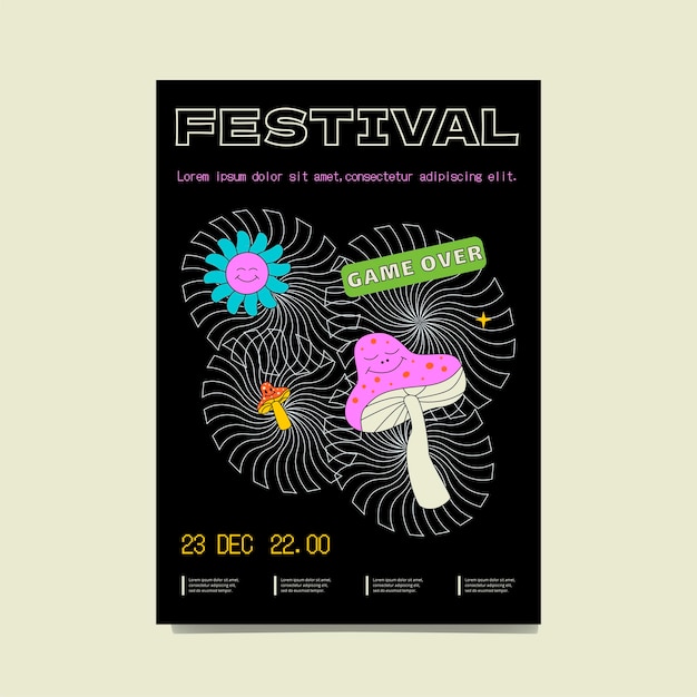 Vector psychedelic poster with smiling mushrooms and daisies and lined background the artistic design of the acid festival