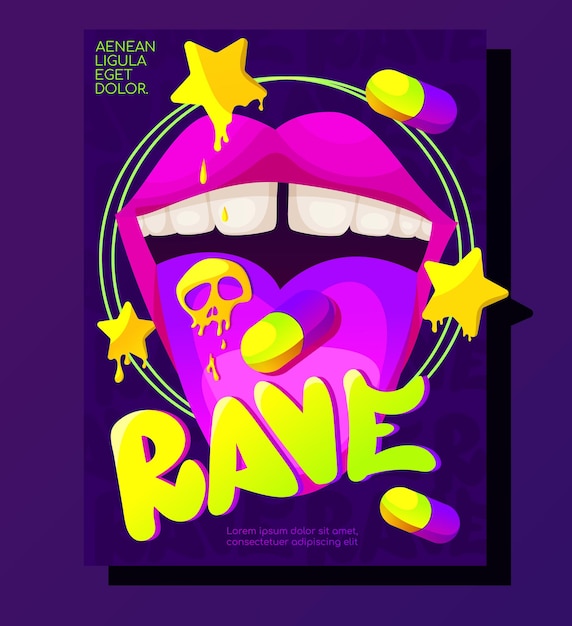 Psychedelic rave trip party banner template good design for textile tshirt print design flyer and po
