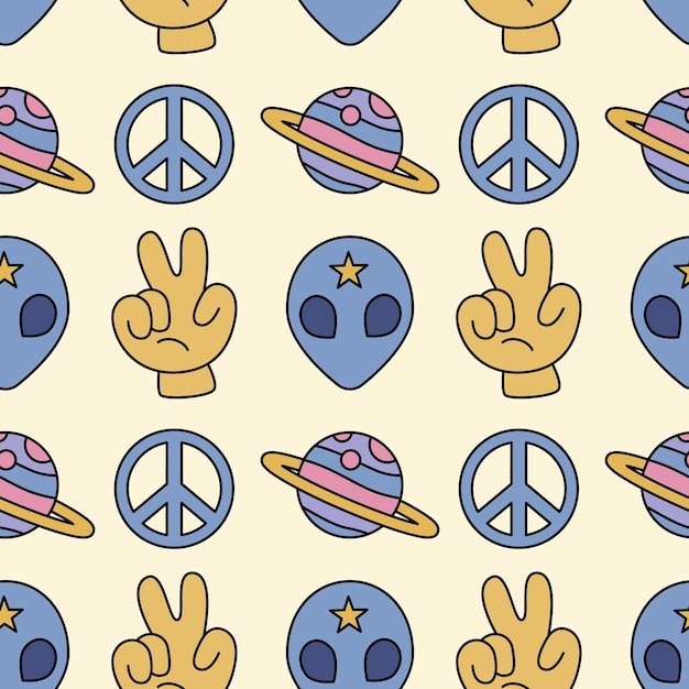 Psychedelic rave trippy hand drawn seamless pattern for printing with aliens and peace sign