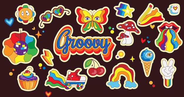 Psychedelic retro stickers in cartoon style Set of retro elements in funky hippie style Rainbow