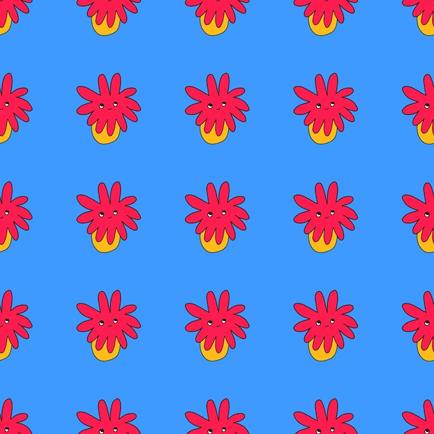 Psychedelic seamless pattern with hippie flower characters