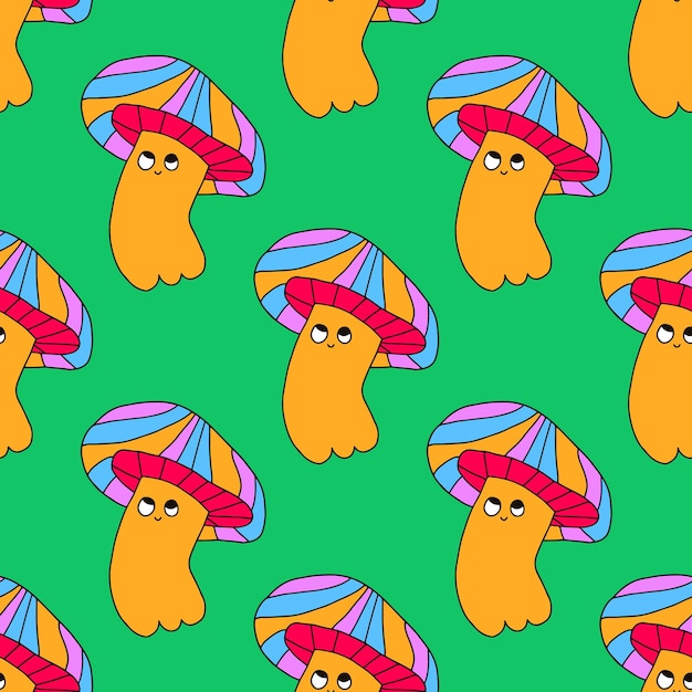 Psychedelic seamless pattern with hippie mushrooms characters