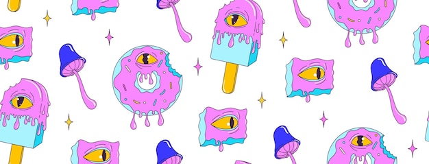 Psychedelic seamless pattern with weird cartoon dessert character and elements