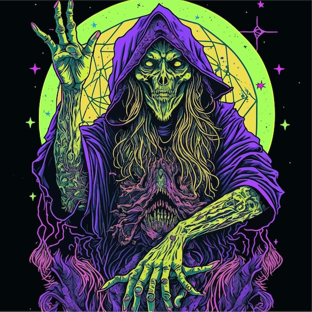 Psychedelic skeleton demon illustration. Heavy Metal Apparel Tattoo. Dark Art.