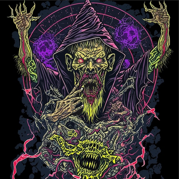 Vettore illustrazione del demone scheletro psichedelico. tatuaggio abbigliamento heavy metal. arte oscura.