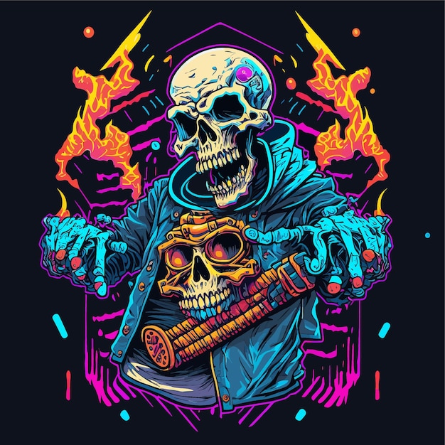 Vector psychedelic skeleton demon illustration. heavy metal apparel tattoo. dark art.