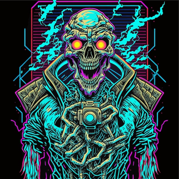 psychedelic skeleton demon illustration. heavy metal apparel tattoo. dark art.