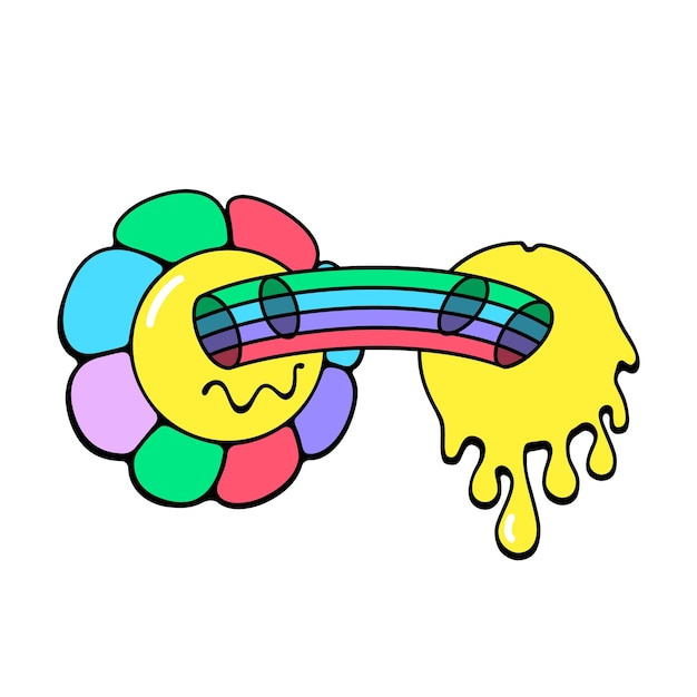 Vector psychedelic smiley face and flower with rainbow from the eyes in 60s and 70s hippie style