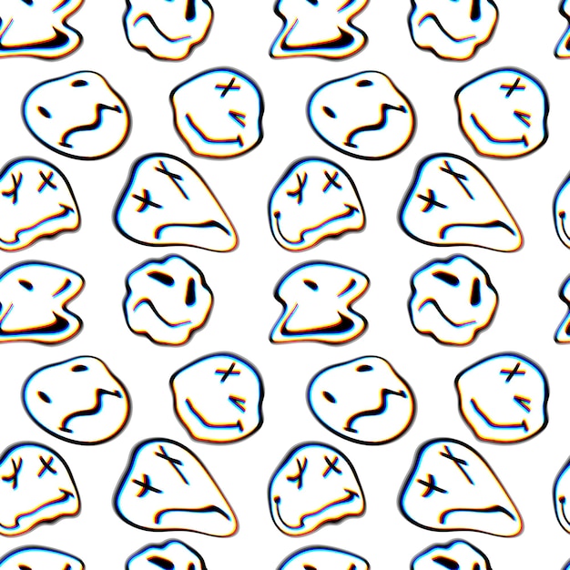 Psychedelic smiley seamless pattern Melted smiling faces liquid trippy groovy characters