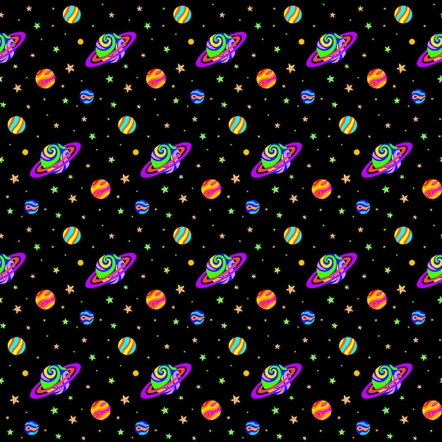 Psychedelic Space Planets Vector Seamless Pattern