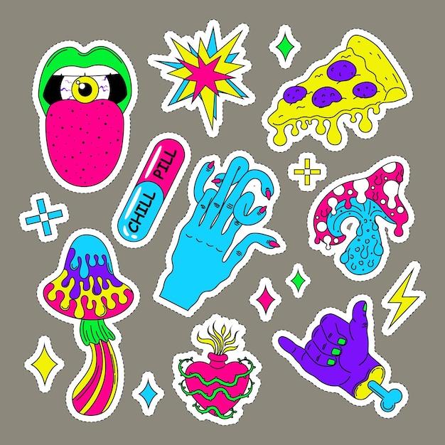 Psychedelic surreal abstract neon stickers and funny cartoon elements hallucination elements heart