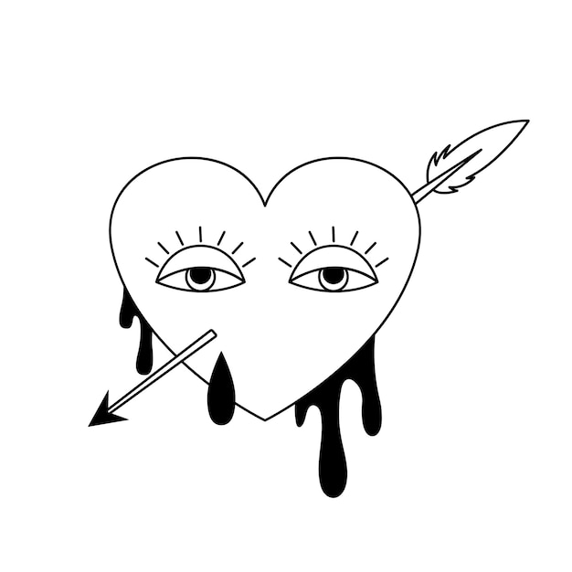 Психоделический тату-силуэт сердца со стрелкой очертания графического элемента абстрактного символа любви