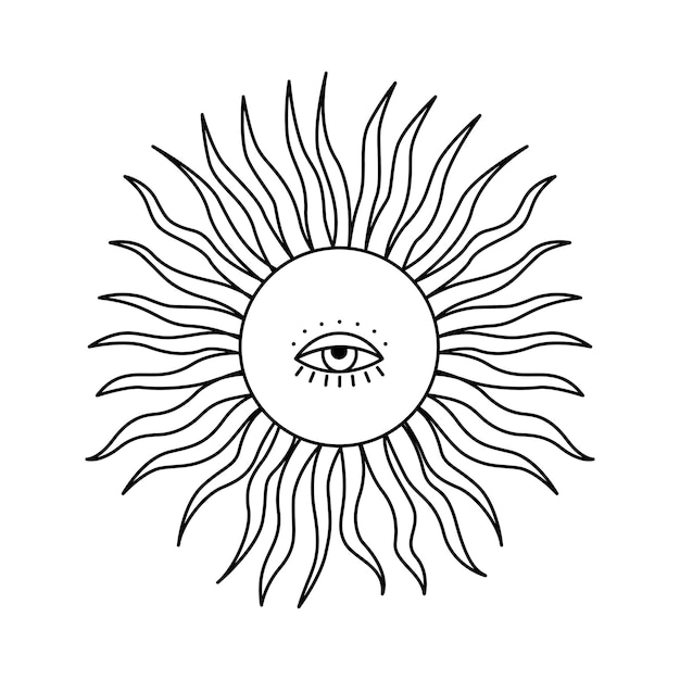 Silhouette tatuaggio psichedelico del sole con un occhio elemento grafico di contorno del simbolo mistico astratto