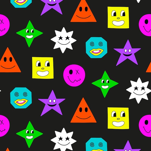 psychedelic trippy acid rave pattern trendy abstract smiles in cartoon style for textiles postcards