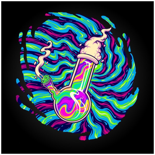 Vettore bong psichedelico in vetro trippy che fuma illustrazioni del logo dell'erbaccia