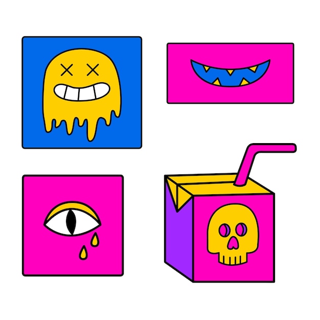 Psychedelic trippy smile, eye, juice box. Vector doodle hallucination illustrations