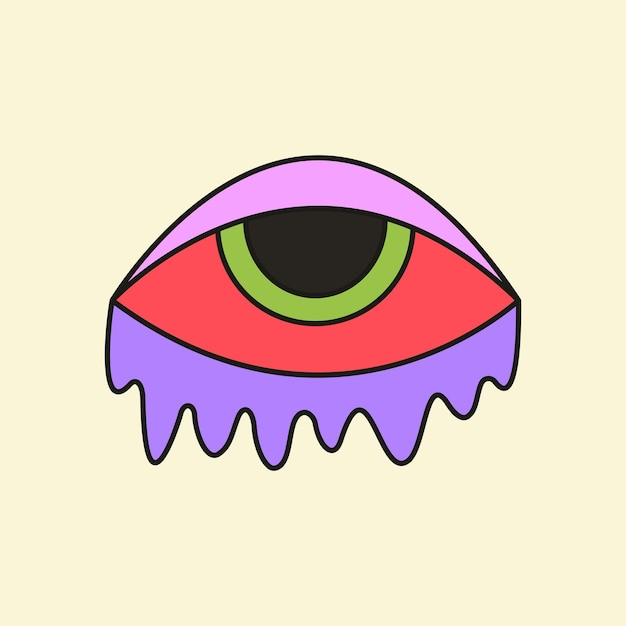 Psychedelic vector drawing of trippy eye groovy esoteric icon 60s and 70s style funky design