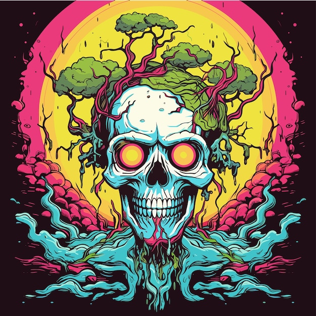 Vettore psychedelic zombie skull design t-shirt design