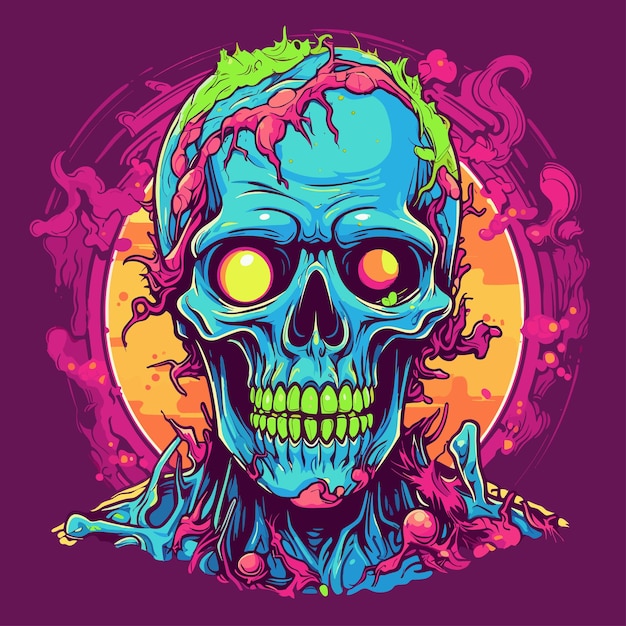 Psychedelic zombie skull design tshirt design