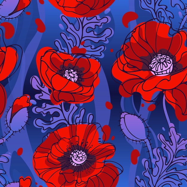 Psychedelisch magisch papaverpatroon jaren 60 hippie kleurrijke bloemen Heldere zomerillustratie in schetsstijl met papaverknoppen Voor behangafdrukken op textielverpakking