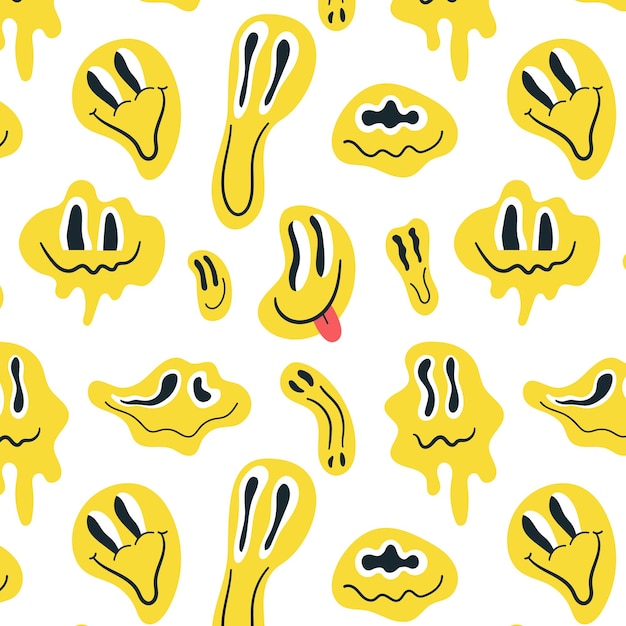 Psychedelische gele smeltende glimlach naadloos patroon Grappige onwerkelijke emoticons gezichten Trippy vector desig