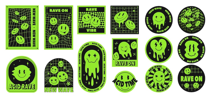 Vector psychedelische glimlach stickers trippy badges neon groene zuur patches met gesmolten emoji glimlachend gezicht en hypnotische raster patronen new wave emblemen en 90s rave esthetische muziek festival ontwerpen vector set