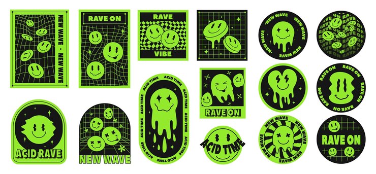 Vector psychedelische glimlach stickers trippy badges neon groene zuur patches met gesmolten emoji glimlachend gezicht en hypnotische raster patronen new wave emblemen en 90s rave esthetische muziek festival ontwerpen vector set