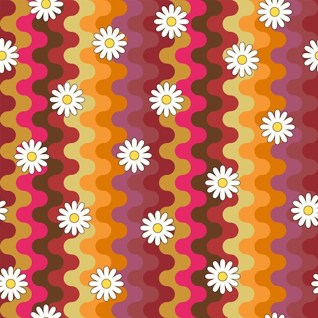 Vector psychedelische hippie patroon ontwerp naadloze vector patroon kamille 60s 70s retro vintage background