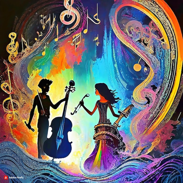 psychedelische kleurrijke silhouet muzikale violen oboes trompetten saxofoons trommels aria