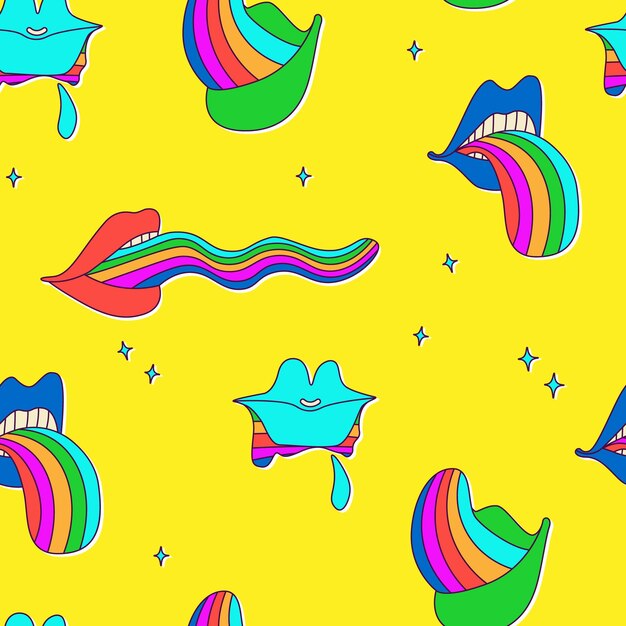 Psychedelische lippen met regenboogtong Vector naadloos patroon voor hippieontwerp