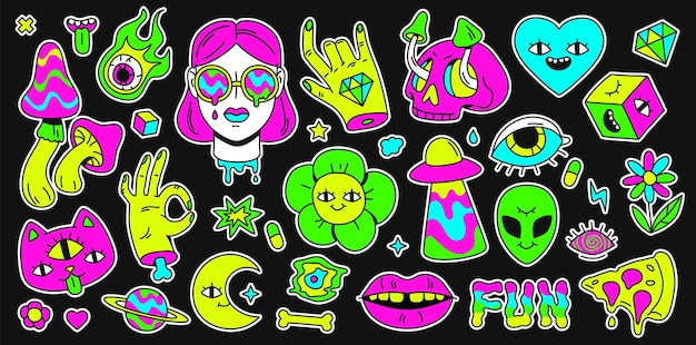 Psychedelische retro ruimte, regenboog en surrealistische elementen sticker. abstracte cartoon emoji, meisje en kat karakter. holutinatie vector set. illustratie van surrealistische kunst helder, sticker emoji surrealisme