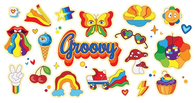 Psychedelische retro stickers in cartoon-stijlset van elementen in funky hippie-stijlregenboogpaddestoelen