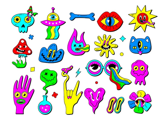 Psychedelische symbolen Hippie stickers collectie grappige emoticons gezichten handen paddenstoelen neon gekleurde hallucinatie labels recente vectorillustraties Hippie psychedelische trendy jaren 90 karakter sticker