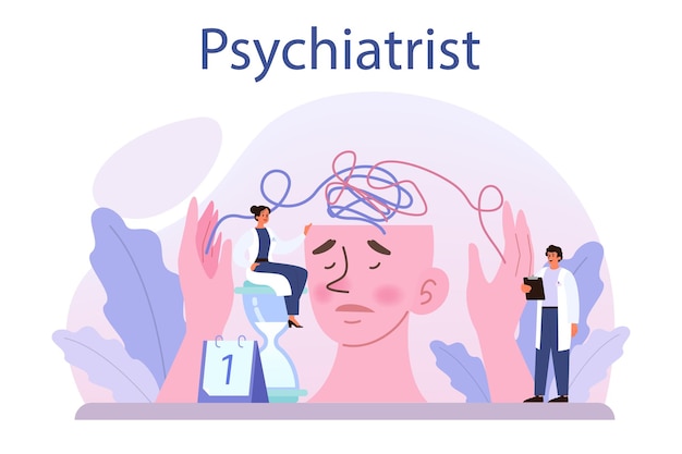 Psychiatrist concept Mental health diagnostic Doctor treating human mind Psychological test and help Thoughts and emotions analysis Vector illustration in cartoon style