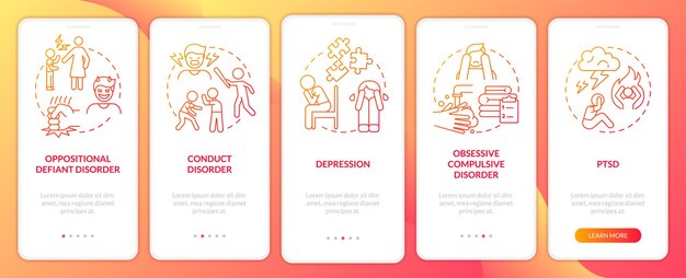 Psychische aandoeningen bij kinderen rode gradiënt onboarding mobiele app scherm Walkthrough 5 stappen grafische instructiepagina's met lineaire concepten UI UX GUI-sjabloon Myriad ProBold Regelmatige gebruikte lettertypen