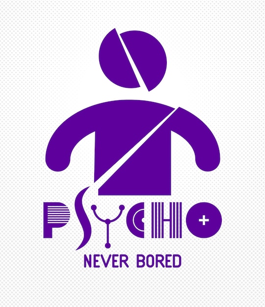 Vector psycho never bored funny vector cartoon logo or poster with weird expression man icon, t shirt print or social media picture.