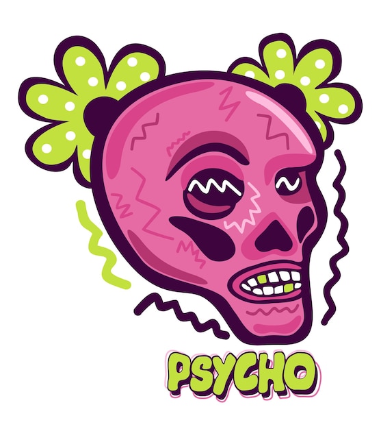 Psycho. vectorillustratie van roze vrouwelijke schedel met felgroene decoratie en belettering.