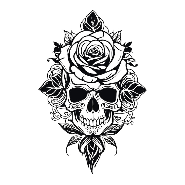 Vector psychobilly skull with rose pin up girl tattoo template