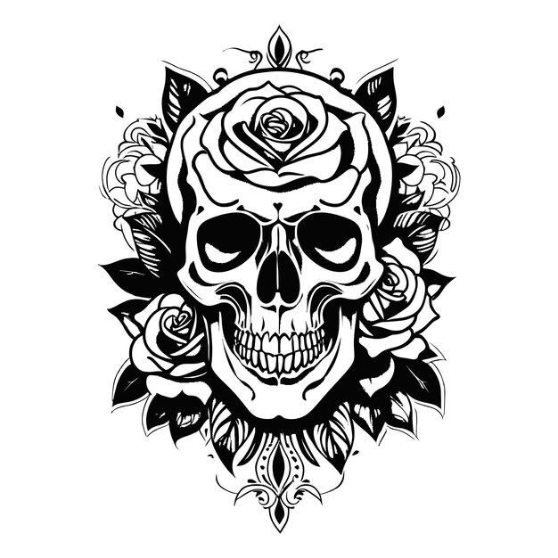 Vector psychobilly skull with rose pin up girl tattoo template