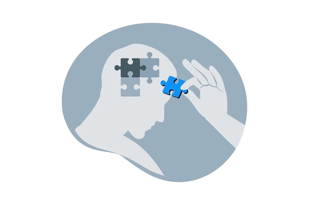 Psychologic therapy session concept Helping hand adds missing jigsaw puzzle pieces Man with mental disorder anxiety and confusion mind or stress Vector illustration