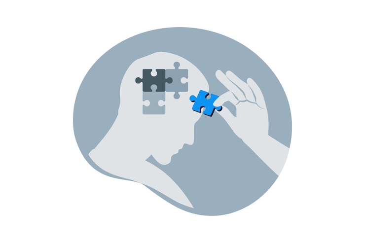 Vector psychologic therapy session concept helping hand adds missing jigsaw puzzle pieces man with mental disorder anxiety and confusion mind or stress vector illustration
