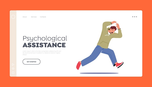 Psychological Assistance Landing Page Template Scared Male Character Run with Raised Hands Afraid of Something