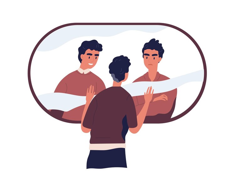 Vector psychological concept of split personality, bipolar disorder, and divided self. person with conflicting inner voices of subpersonalities. colored flat vector illustration isolated on white background.