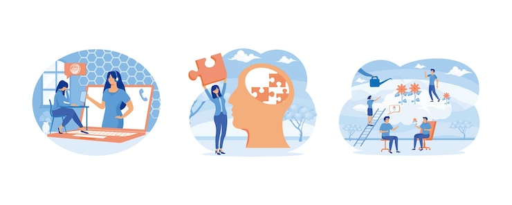Vector psychological counseling concept psychotherapy practice recovery and mental rehabilitation after depression or trauma set flat vector modern illustration