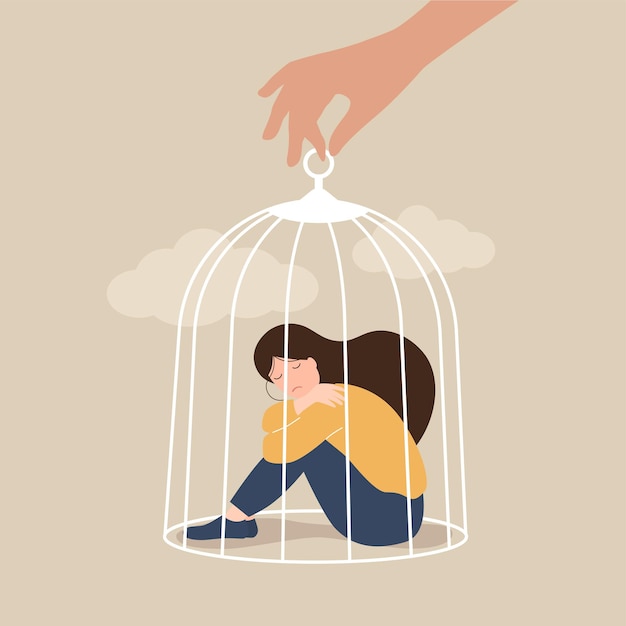 Psychological help concept The hand of a psychologist opens a cage in which a sad girl sits