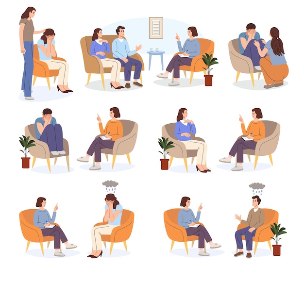 psychological help a set of people visit a psychologist sessiofamily psychologist reception at the psychologist conversation flat vector illustration