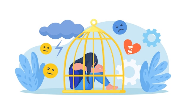 Psychological mindset as feeling like trapped in birdcage Inner prison as mind state Personal mental trap as closed cage Stuck in comfort zone Mental illness anxiety depression loneliness