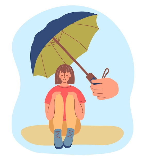 Psychological support for a sad girl Metaphorshelter from the rain with an umbrella