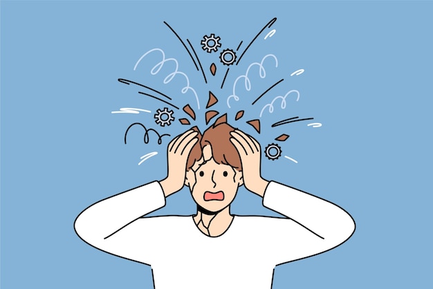 Vector psychologically unbalanced man feels head explode due to excessive worries caused by stress